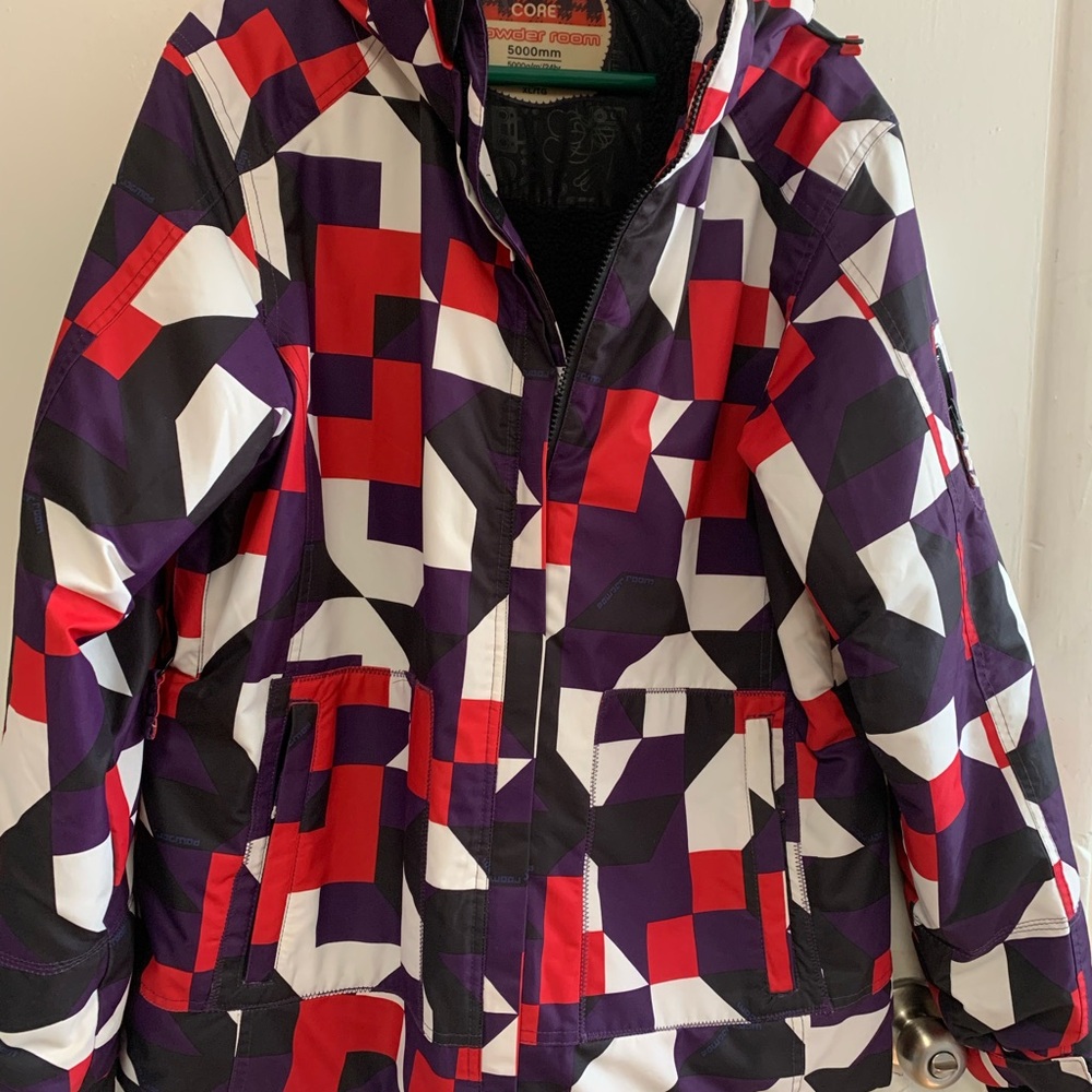 Women’s Geo-Block Ski Jacket in Purple, Red & White
